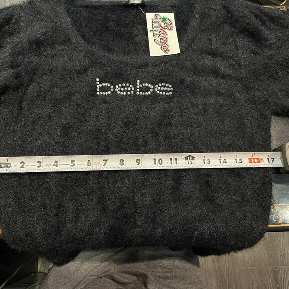 Vintage Y2K Bebe Black Fuzzy Logo Sweater Rhinestone Script - Picture 4 of 5